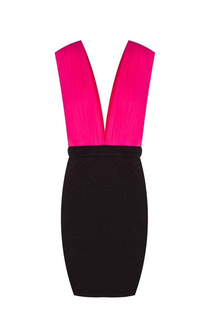 Vestido Fucsia y Negro Escote Pico